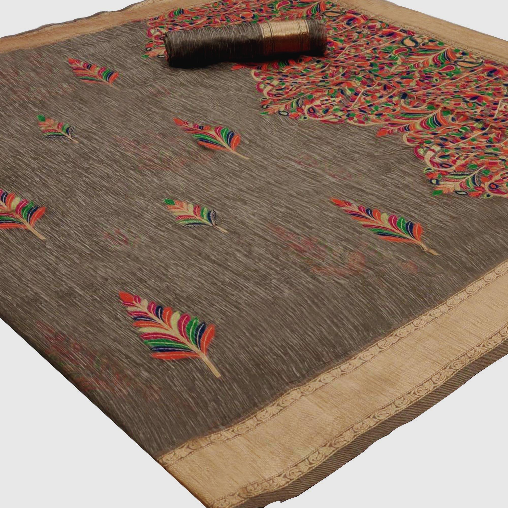 Unique Beige Colored Partywear Printed Linen Saree - Peachmode