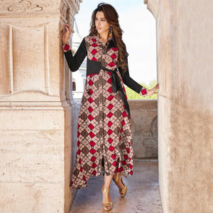 Unique Beige Colored Partywear Printed Rayon Kurti - Peachmode