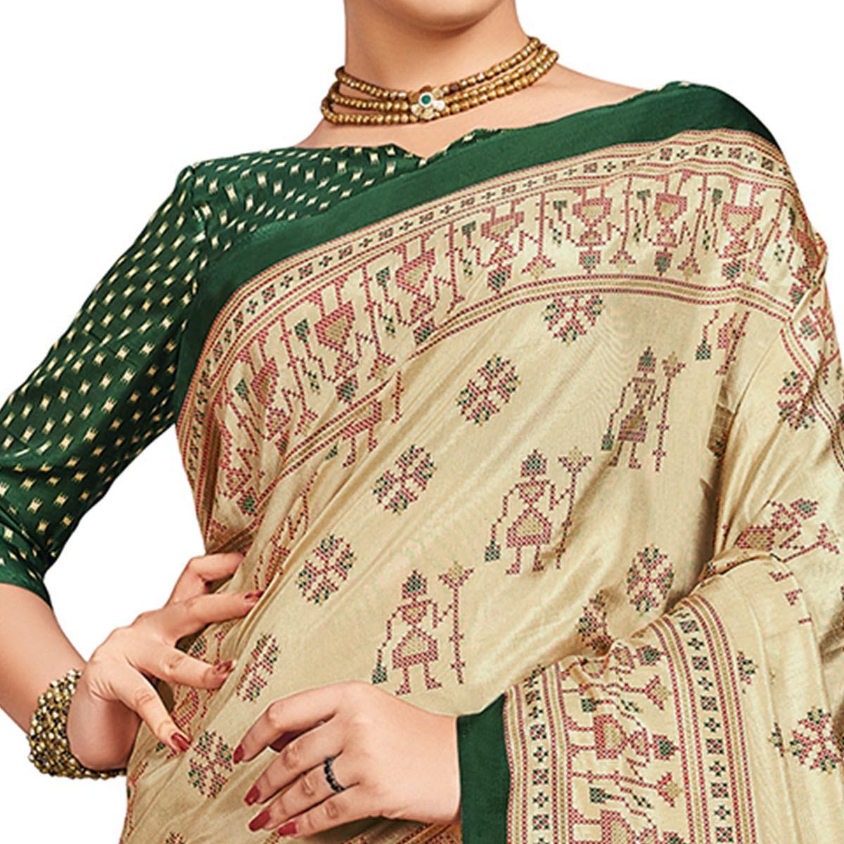 Unique Beige-Green Colored Casual Printed Silk Saree - Peachmode
