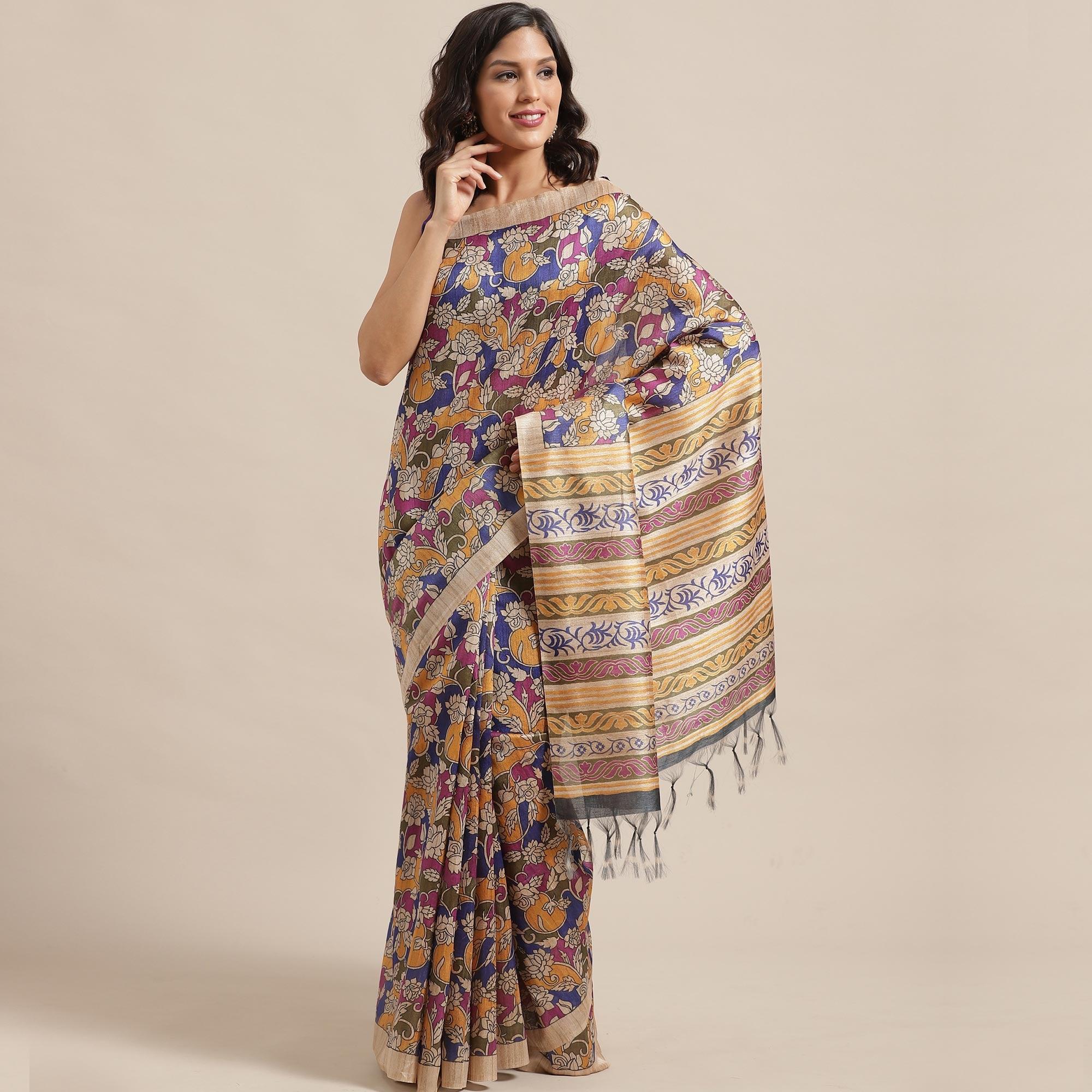 Unique Beige-Multi Colored Casual Wear Floral Printed Silk Blend Saree With Tassels - Peachmode