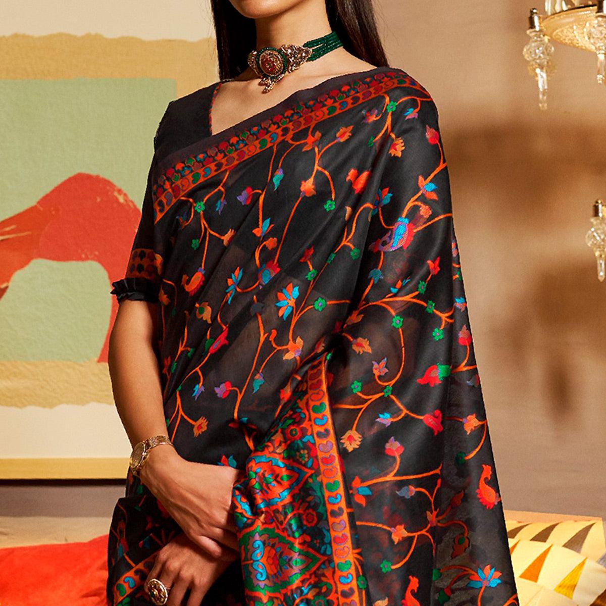 Unique Black Colored Festive Wear Woven Chanderi Saree - Peachmode