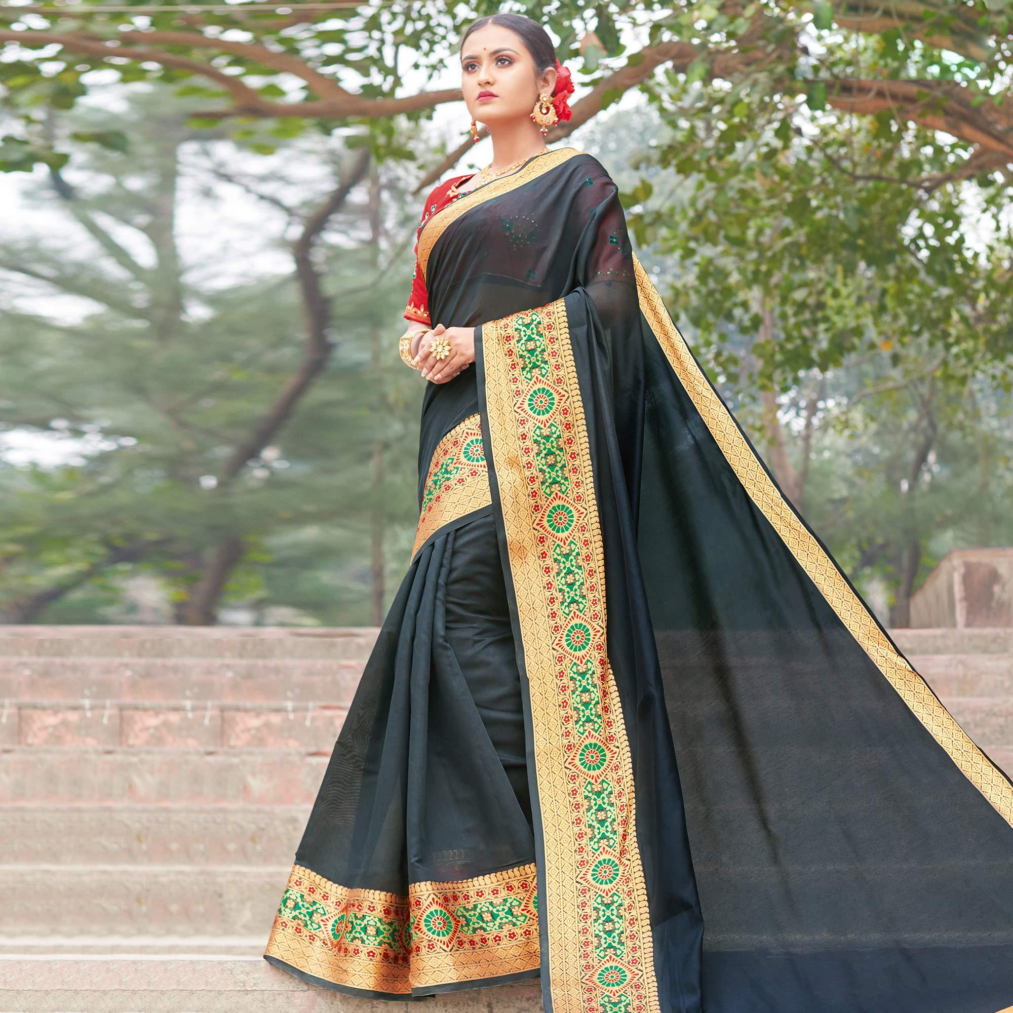 Unique Black Colored Festive Wear Woven Handloom Silk Saree - Peachmode