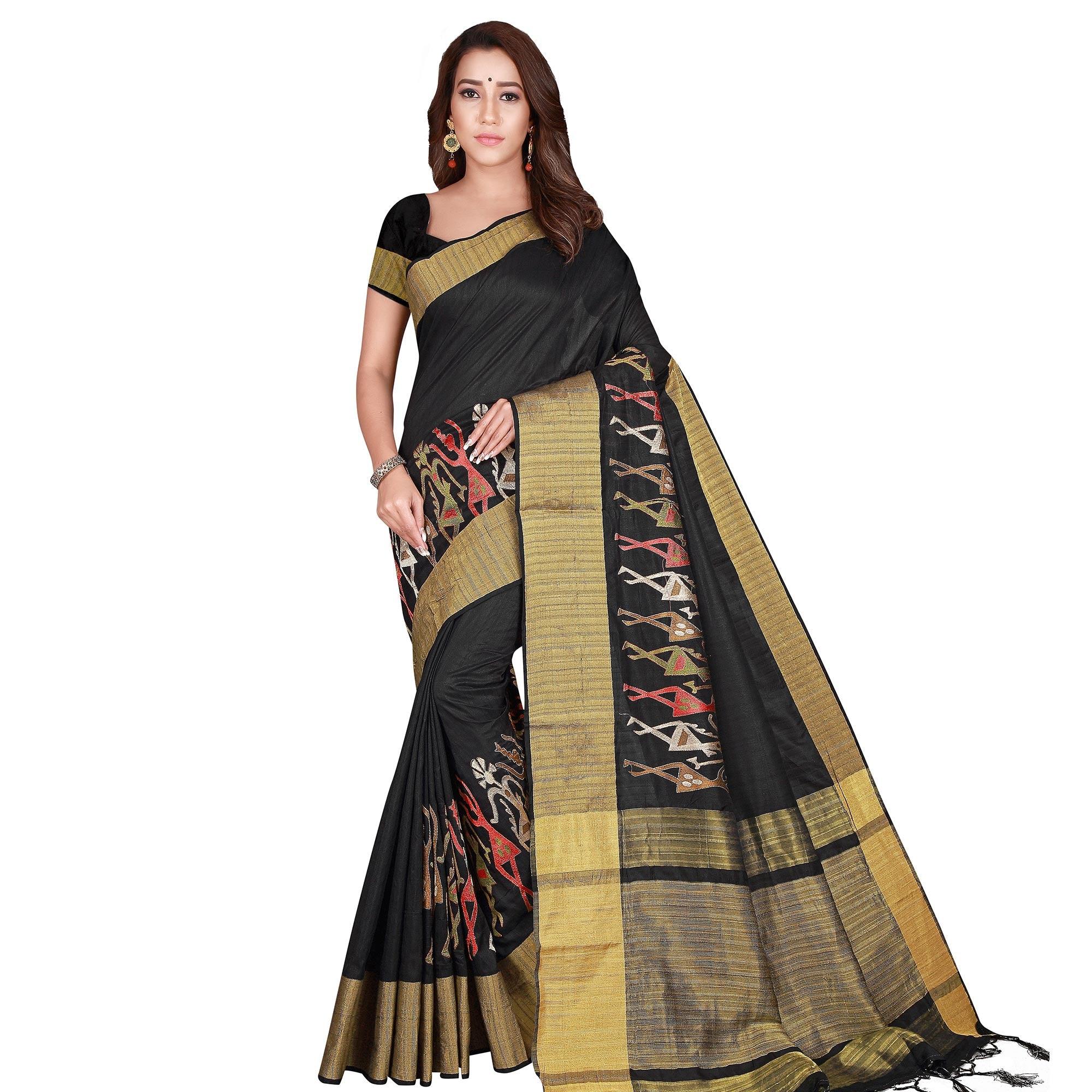 Unique Black Colored Festive Wear Woven Silk Saree - Peachmode