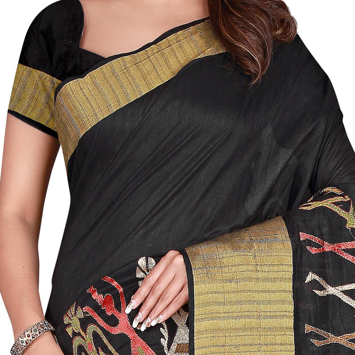 Unique Black Colored Festive Wear Woven Silk Saree - Peachmode
