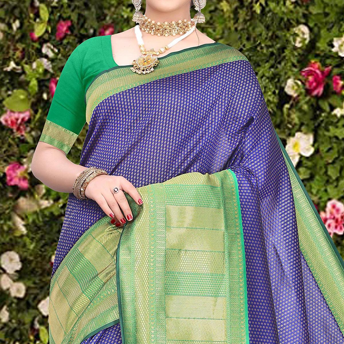 Unique Blue Colored Festive Wear Woven Banarasi Silk Saree - Peachmode