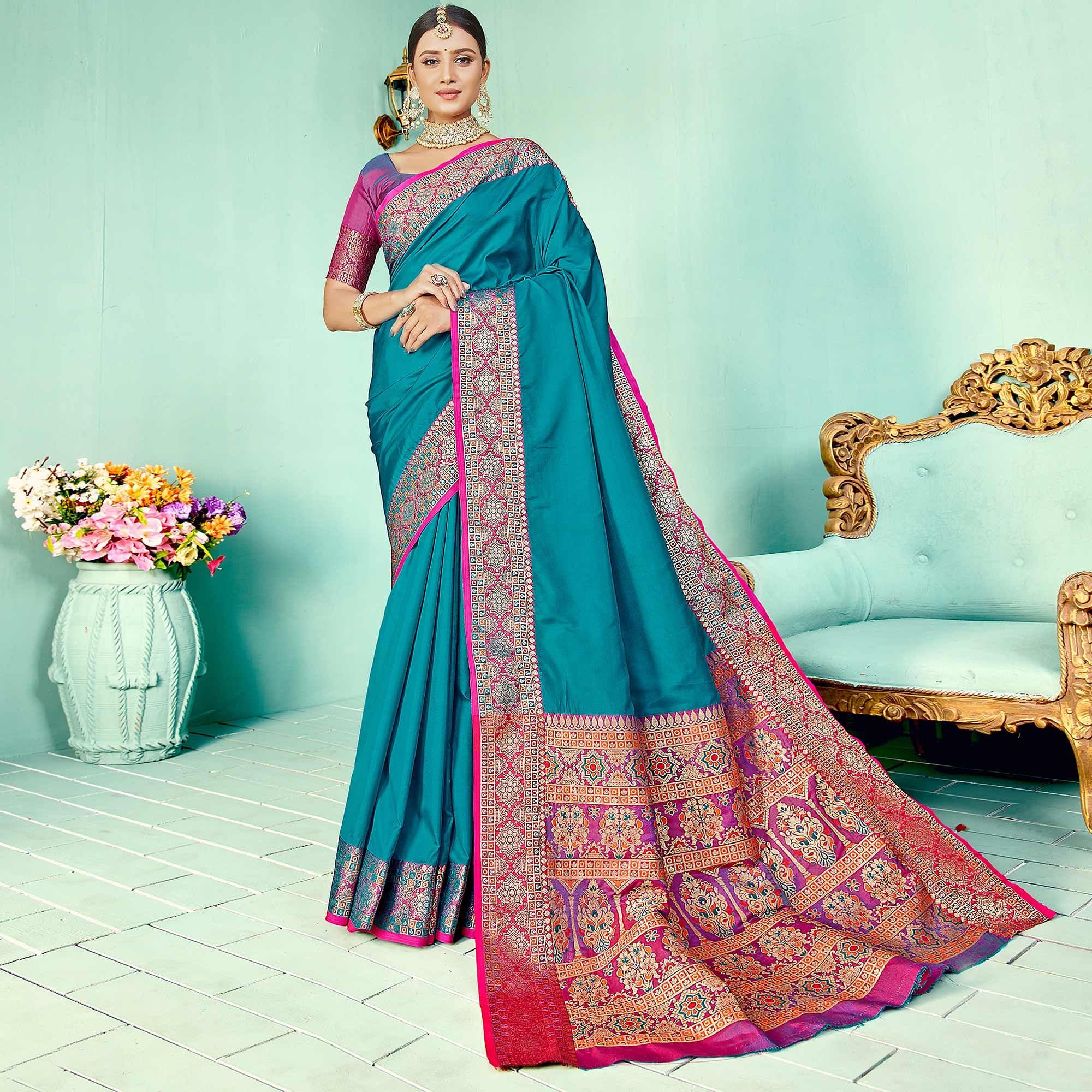 Unique Blue Coloured Partywear Woven Silk Saree - Peachmode