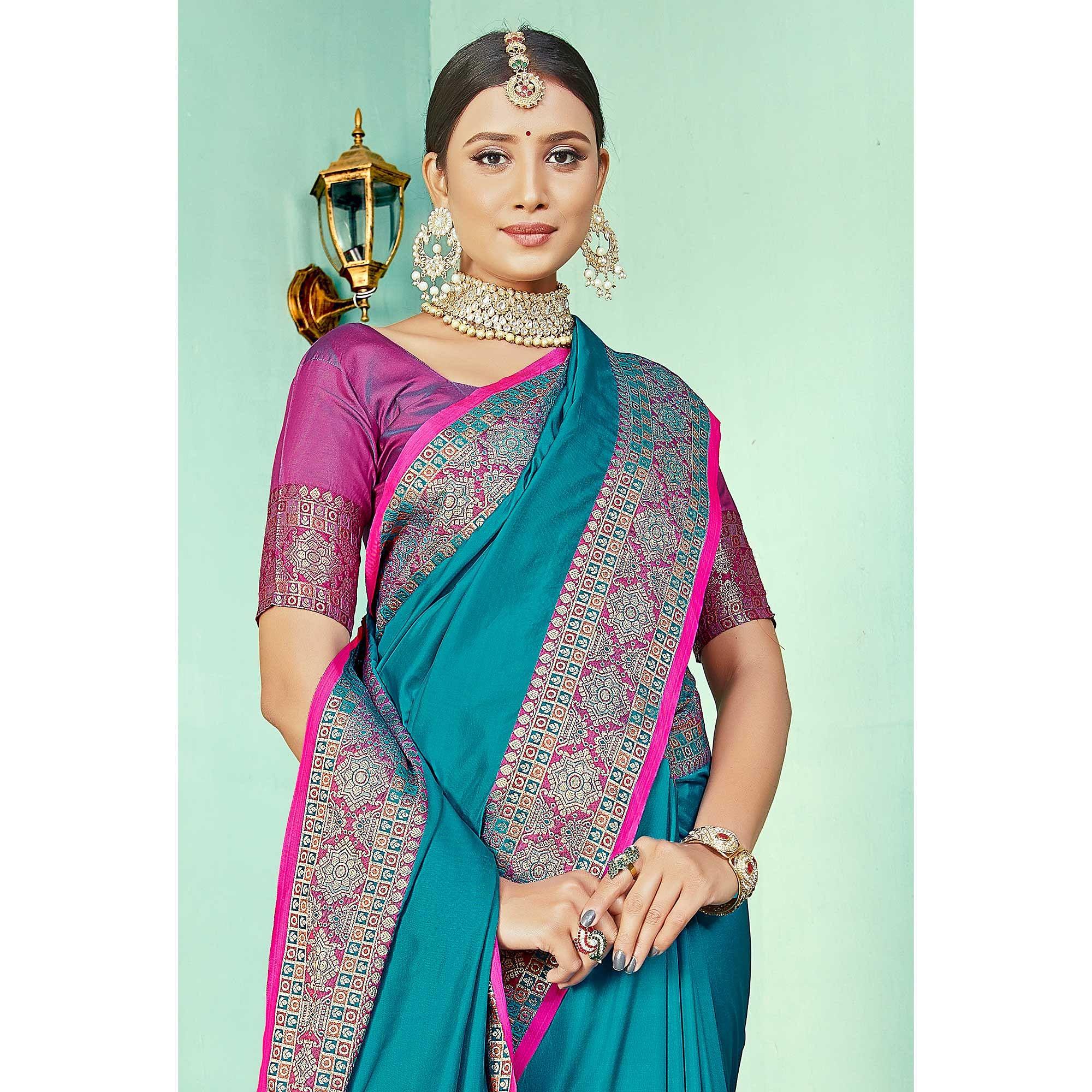 Unique Blue Coloured Partywear Woven Silk Saree - Peachmode