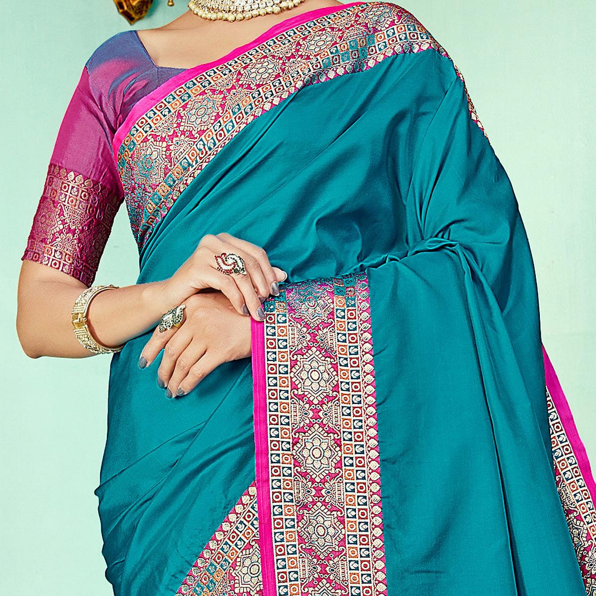 Unique Blue Coloured Partywear Woven Silk Saree - Peachmode