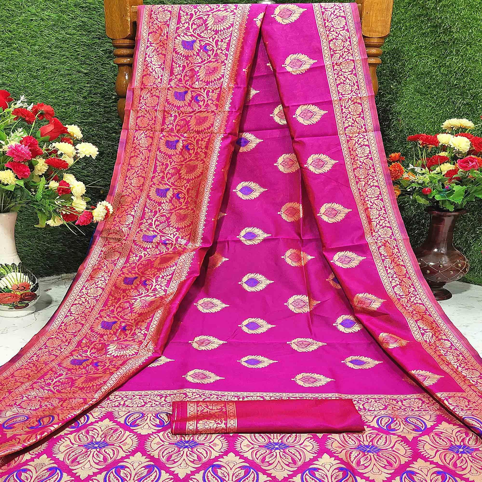 Unique Blue - Pink Colored Festive Wear Woven Heavy Art Silk Saree - Peachmode