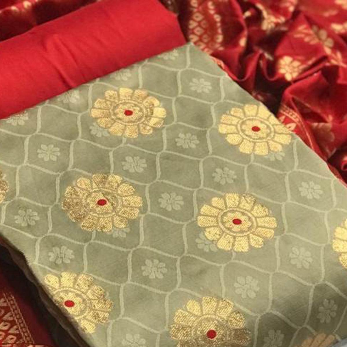 Unique Chiku Colored Casual Wear Banarasi Silk Dress Material - Peachmode