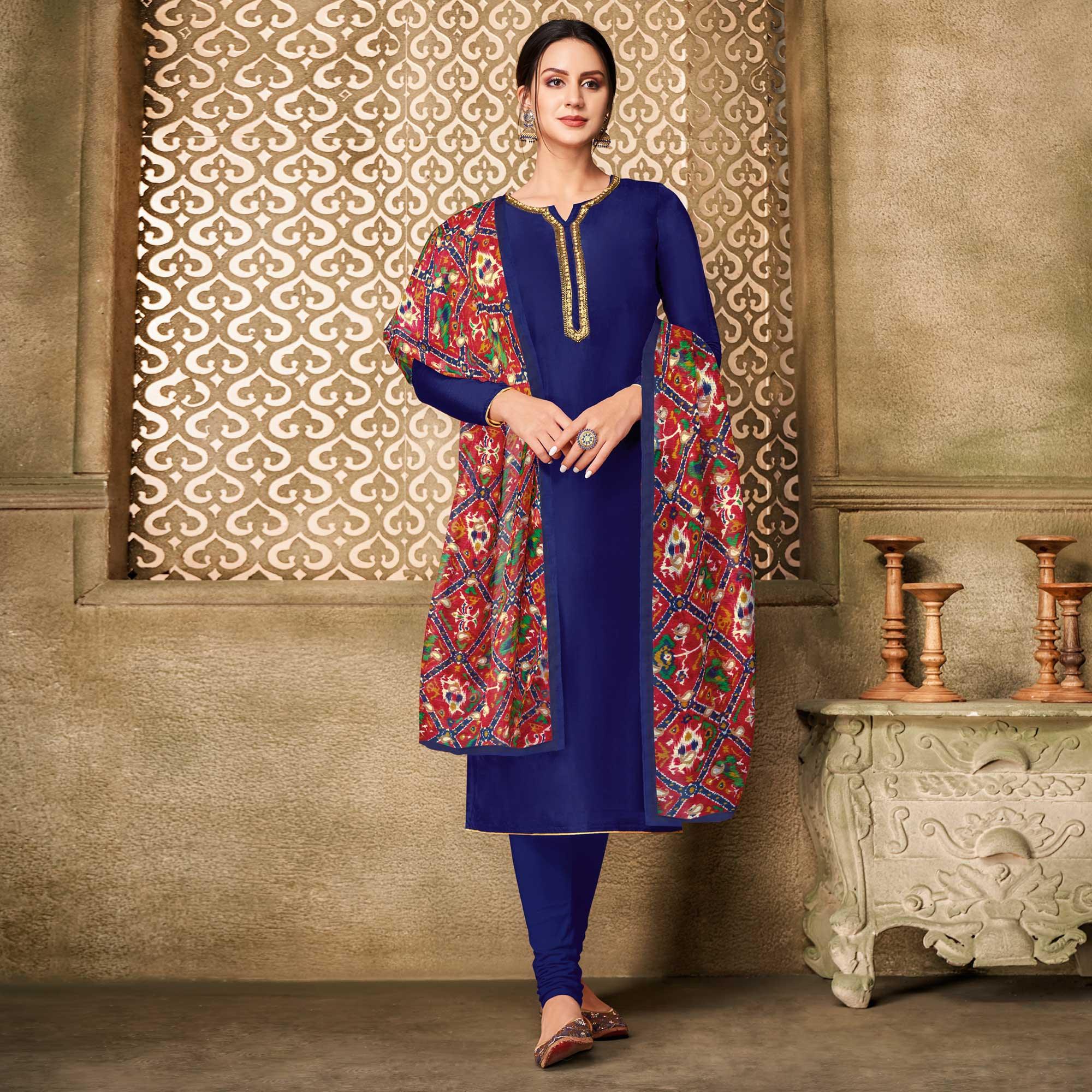 Unique Dark Blue Colored Casual Wear Embroidered Chanderi Dress Material - Peachmode