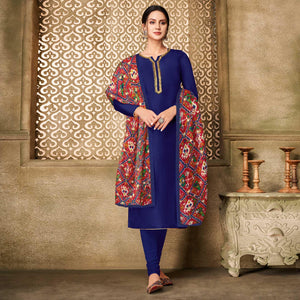 Unique Dark Blue Colored Casual Wear Embroidered Chanderi Dress Material - Peachmode