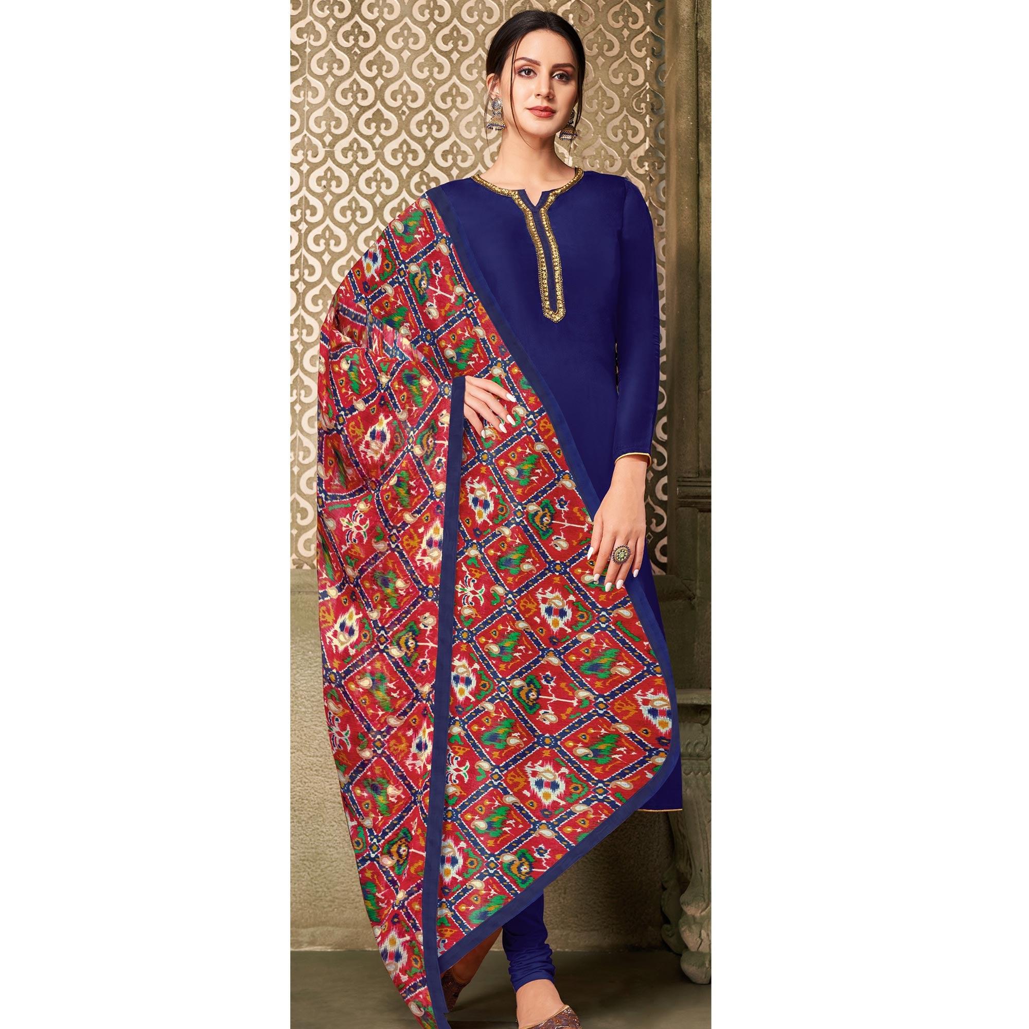 Unique Dark Blue Colored Casual Wear Embroidered Chanderi Dress Material - Peachmode