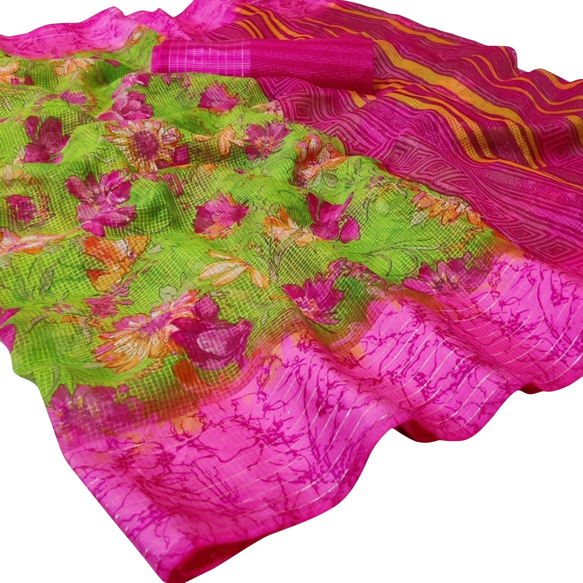 Unique Green Colored Casual Wear Printed Silk Saree - Peachmode