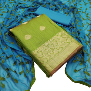 Unique Green Colored Casual Wear Woven Banarasi Silk Dress Material - Peachmode
