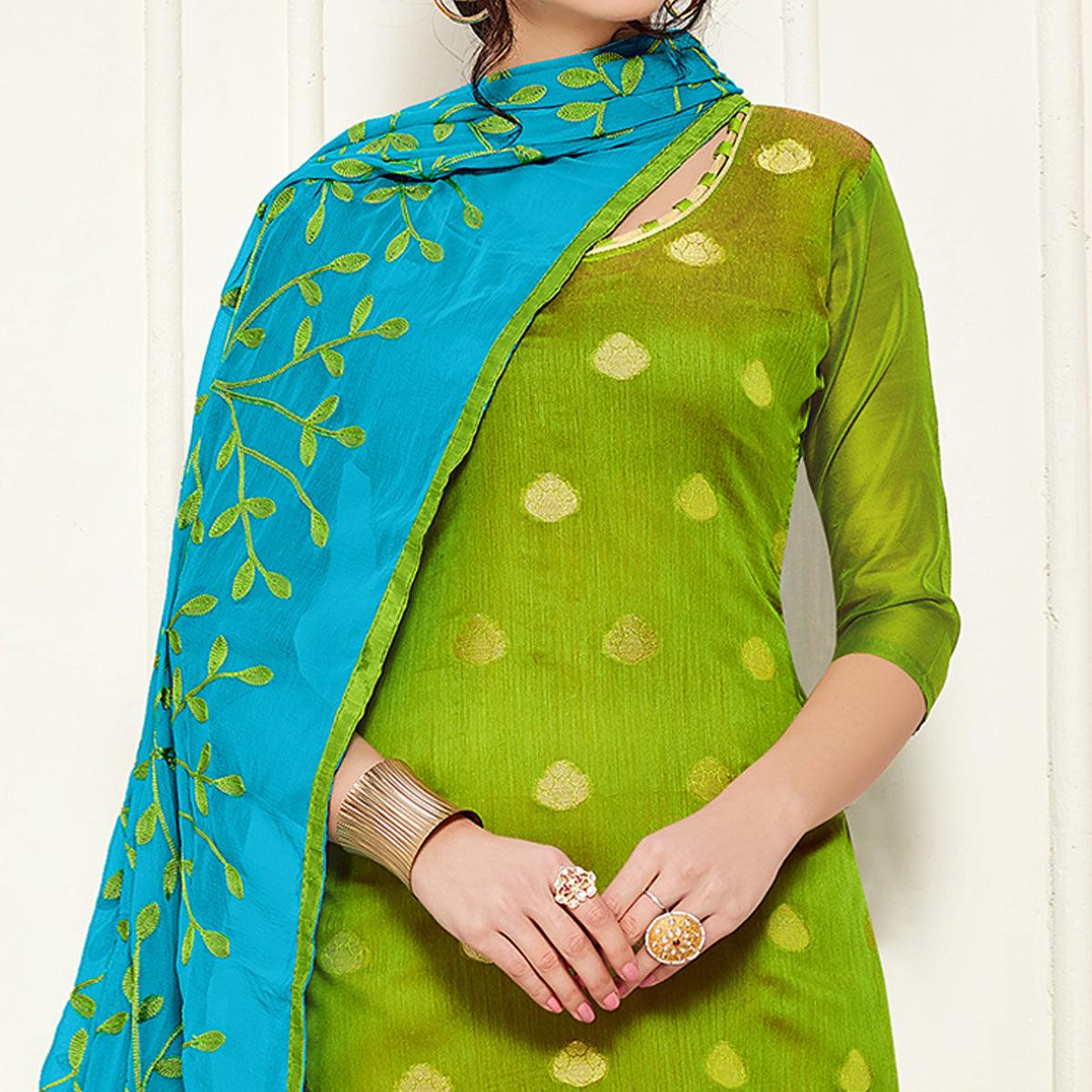 Unique Green Colored Casual Wear Woven Banarasi Silk Dress Material - Peachmode