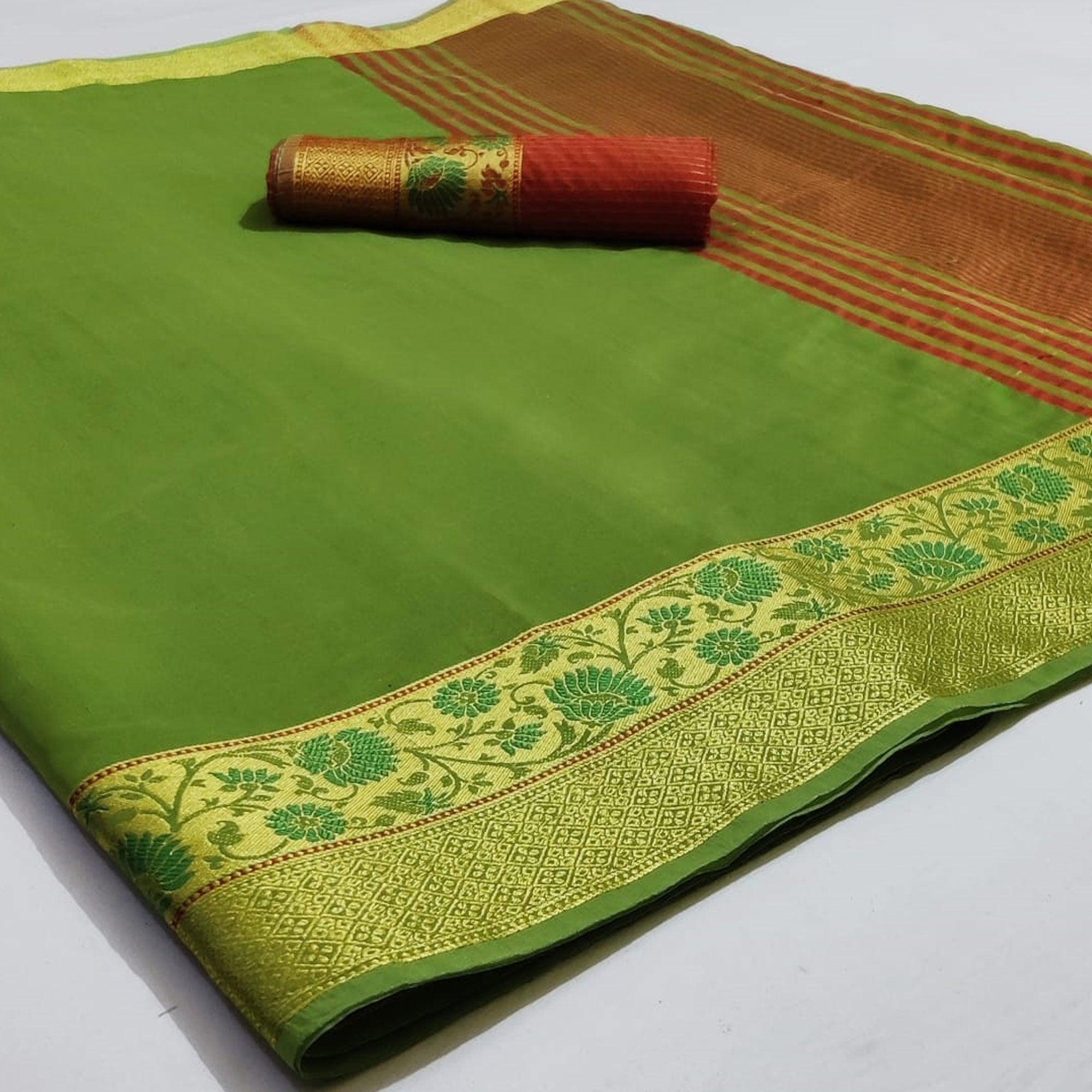 Unique Green Colored Festive Wear Woven Cotton Saree - Peachmode