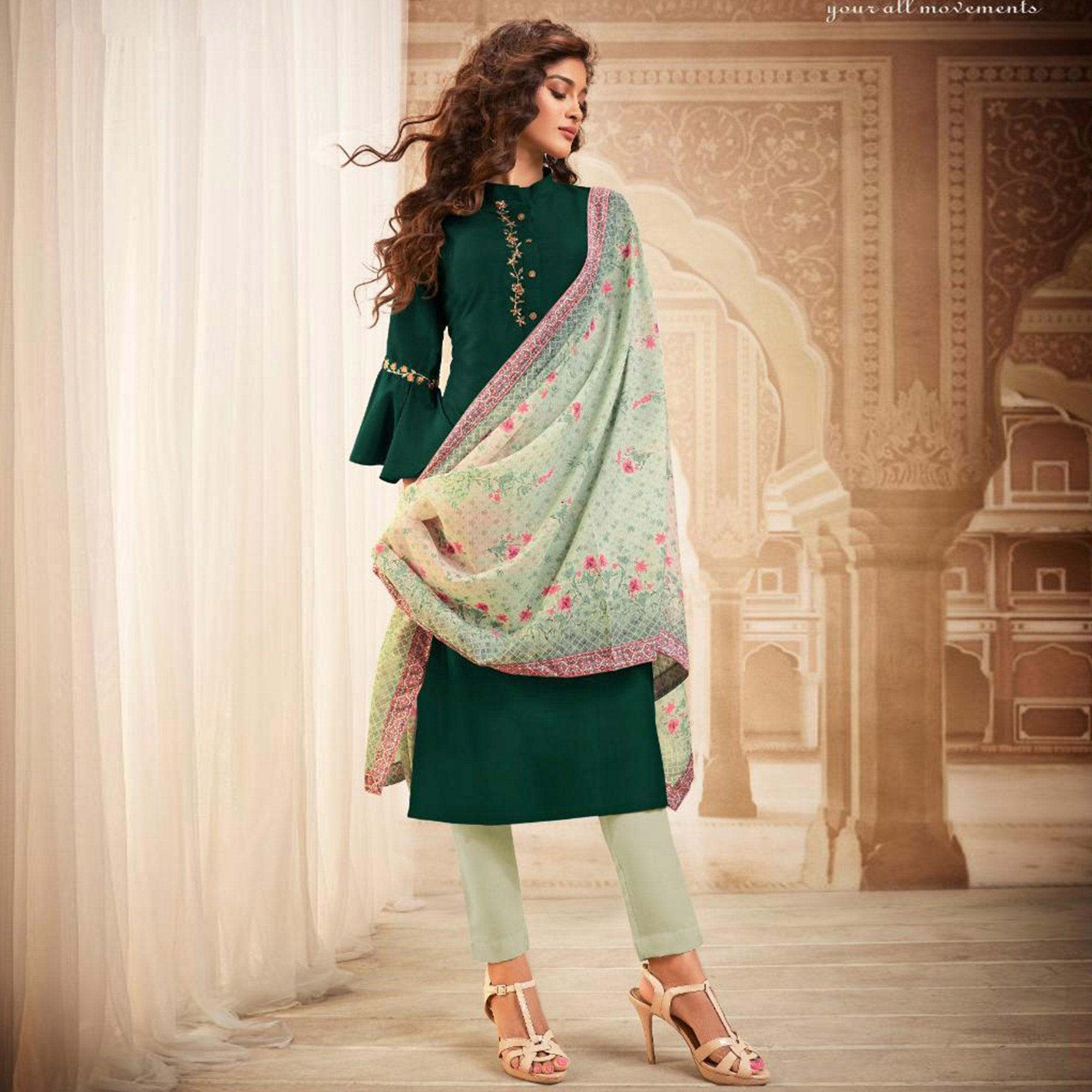 Unique Green Colored Partywear Embroidered Heavy Muslin Salwar Suit - Peachmode
