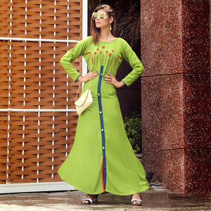 Unique Green Colored Partywear Handwork Rayon Long Kurti - Peachmode