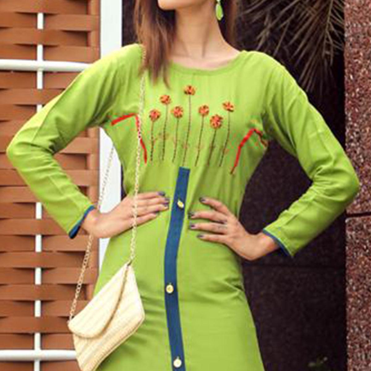 Unique Green Colored Partywear Handwork Rayon Long Kurti - Peachmode