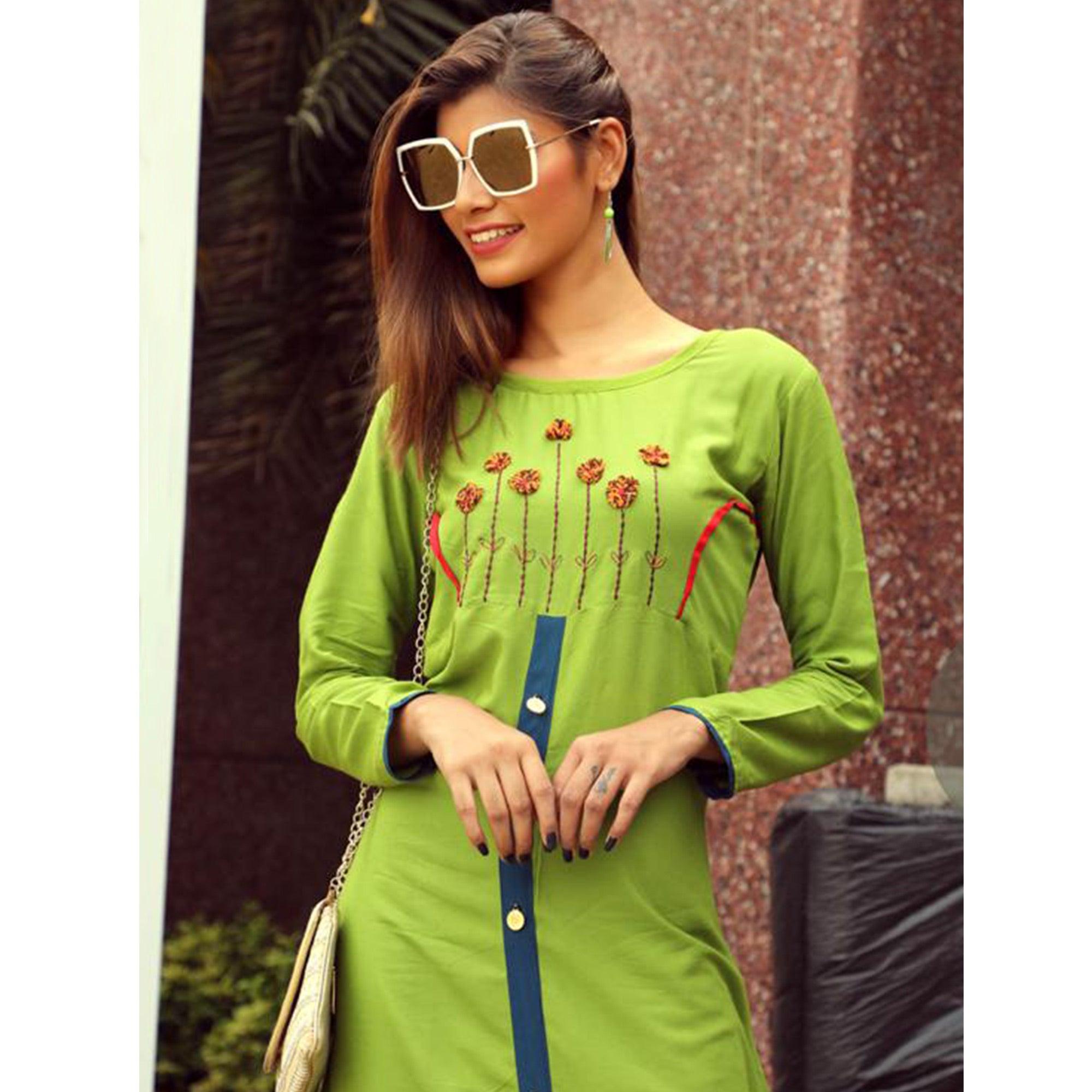 Unique Green Colored Partywear Handwork Rayon Long Kurti - Peachmode