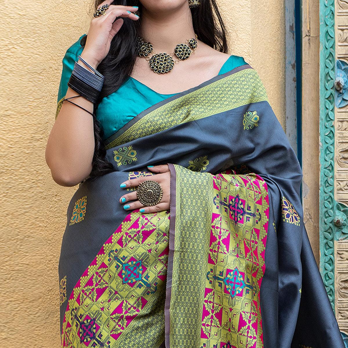 Unique Grey Colored Festive Wear Woven Banarasi Silk Saree - Peachmode