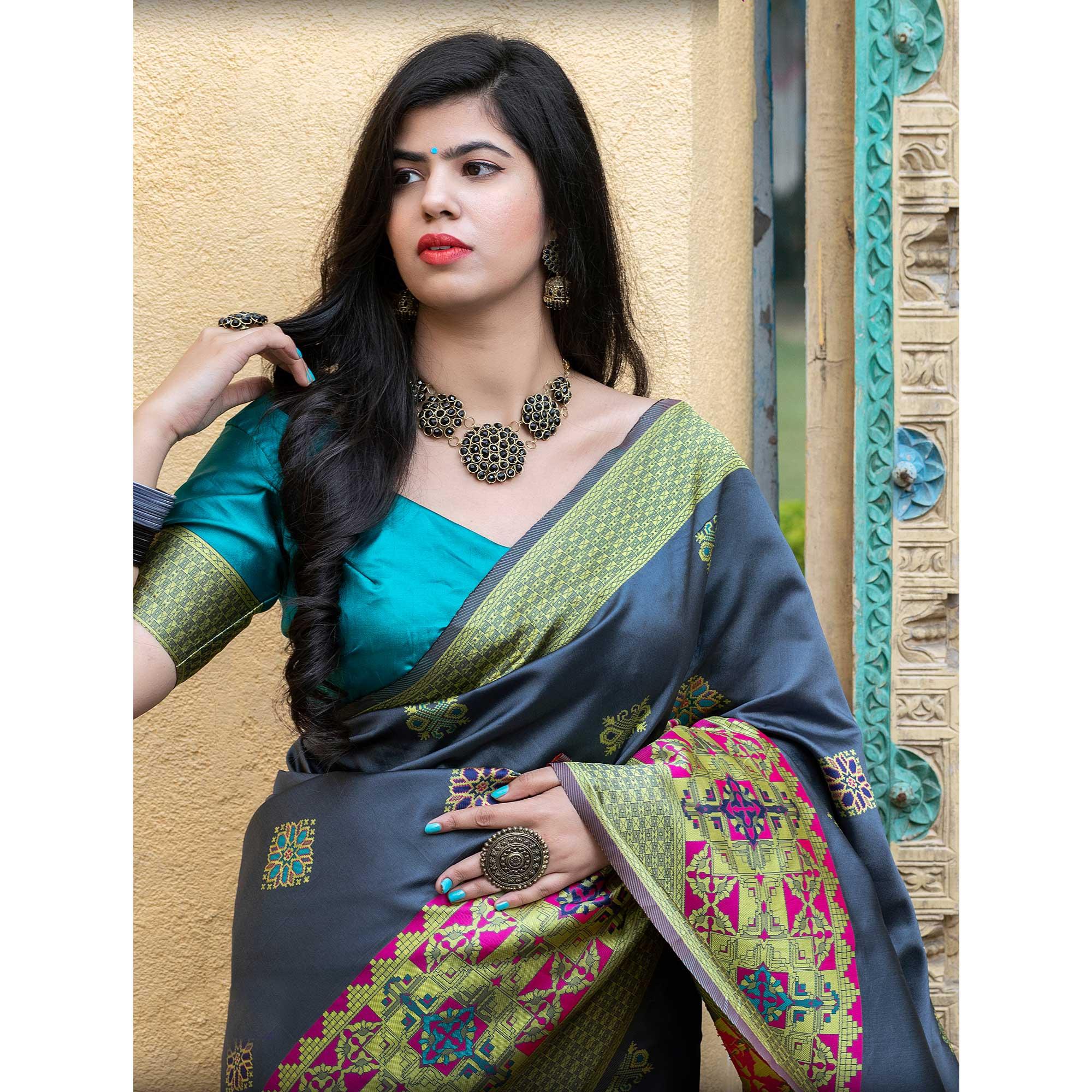 Unique Grey Colored Festive Wear Woven Banarasi Silk Saree - Peachmode