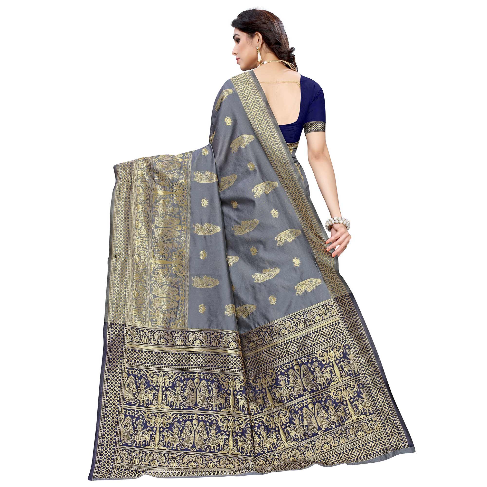 Unique Grey Colored Festive Wear Woven Jacquard Saree - Peachmode