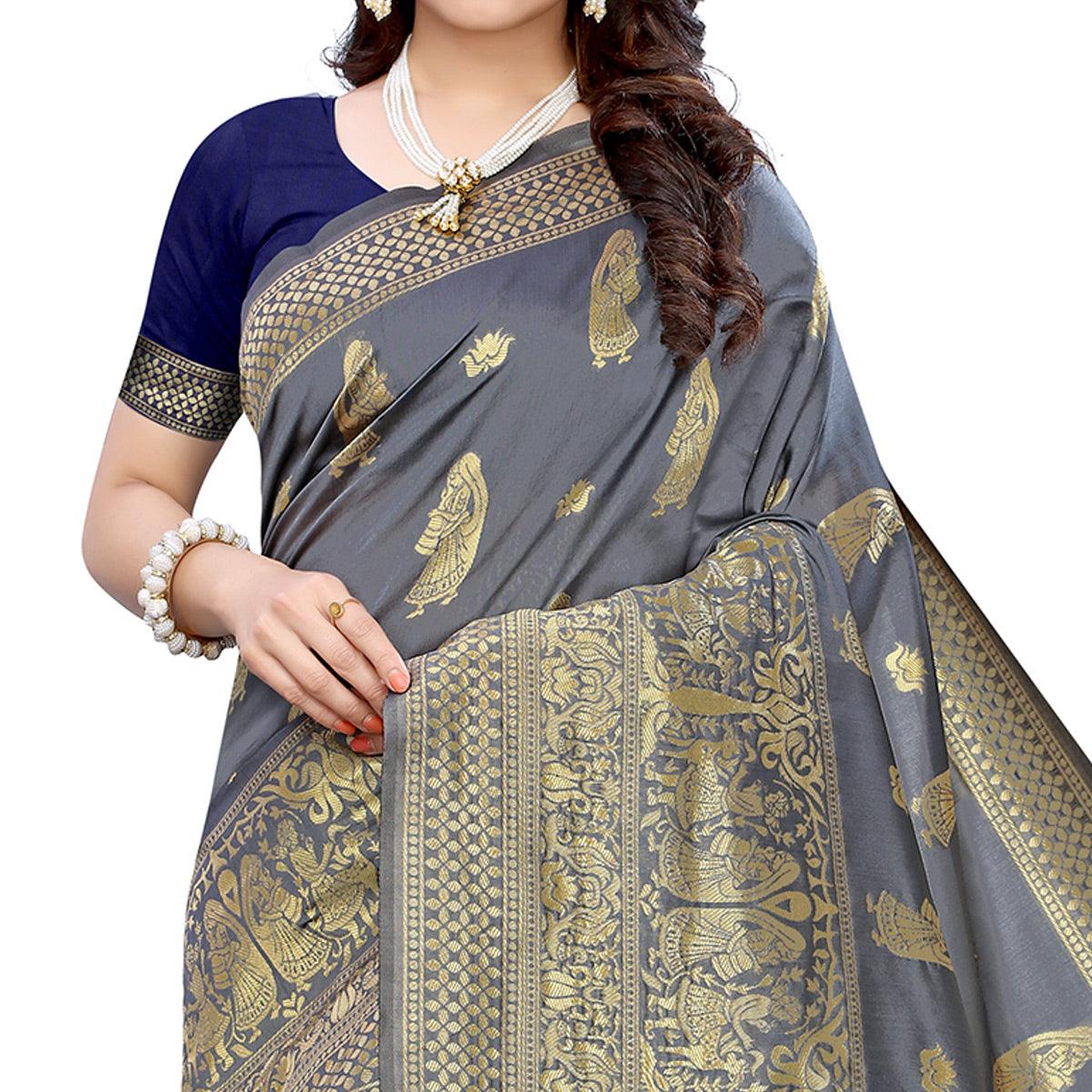Unique Grey Colored Festive Wear Woven Jacquard Saree - Peachmode