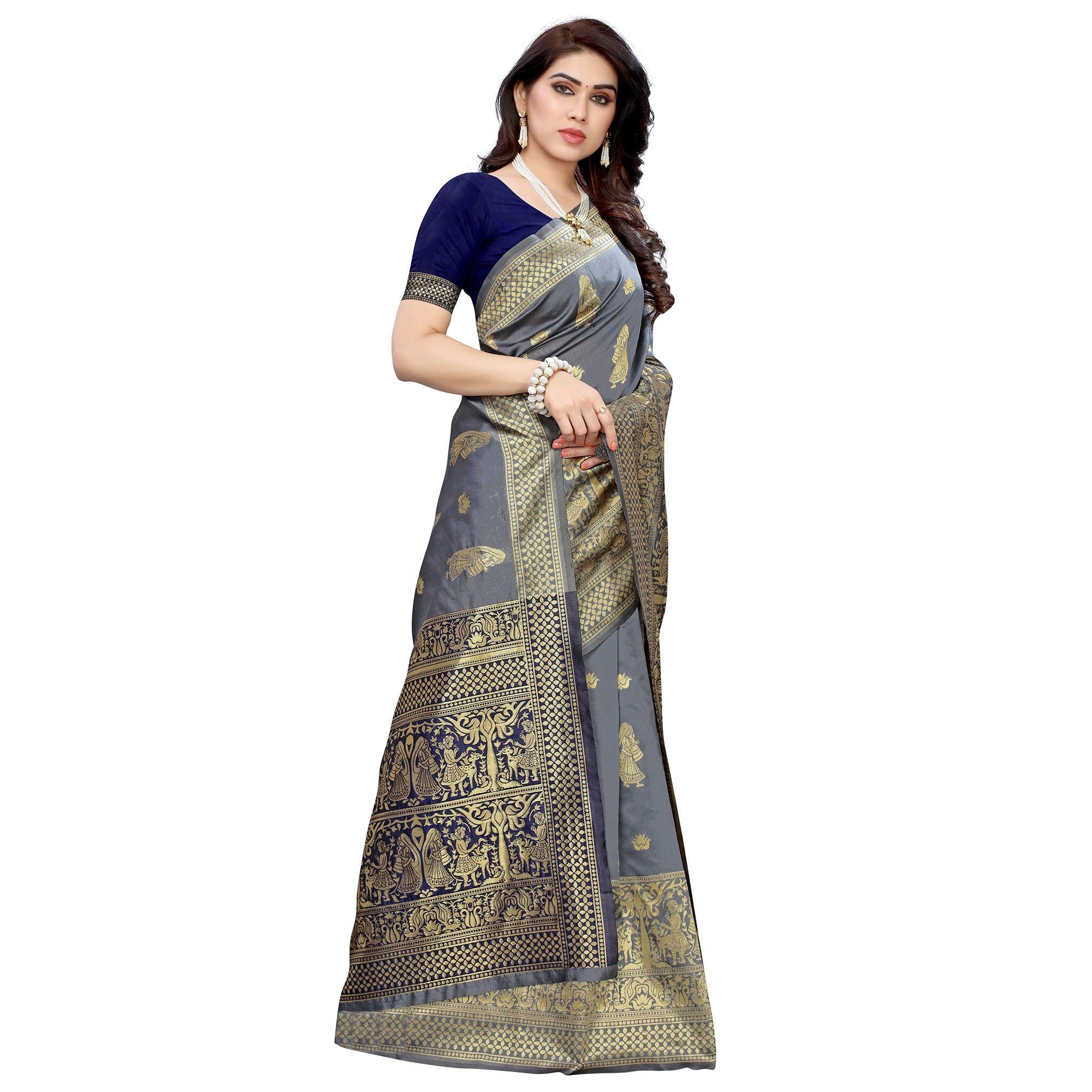 Unique Grey Colored Festive Wear Woven Jacquard Saree - Peachmode