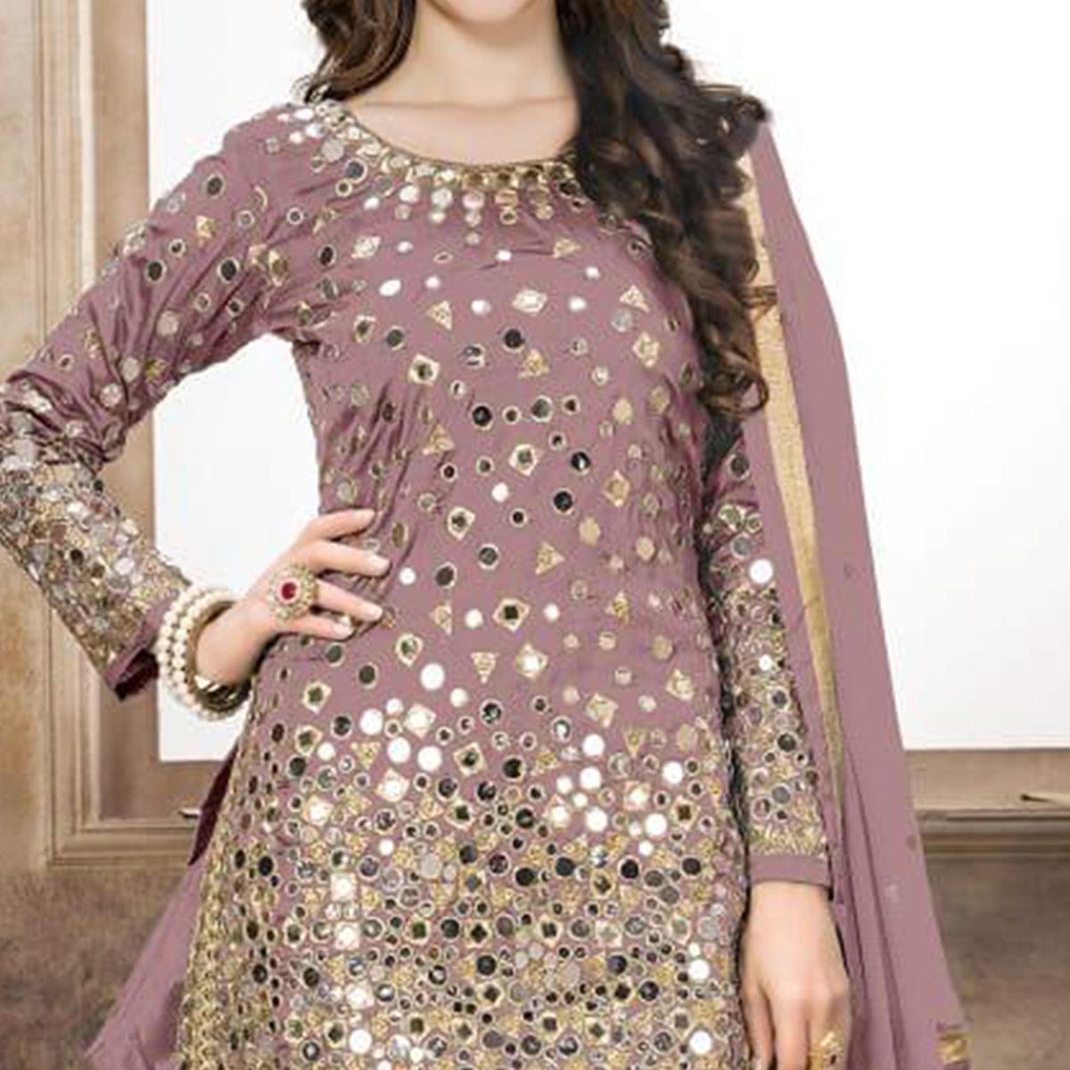 Unique Mauve Colored Partywear Embroidered Tapeta Silk Patiala Suit - Peachmode