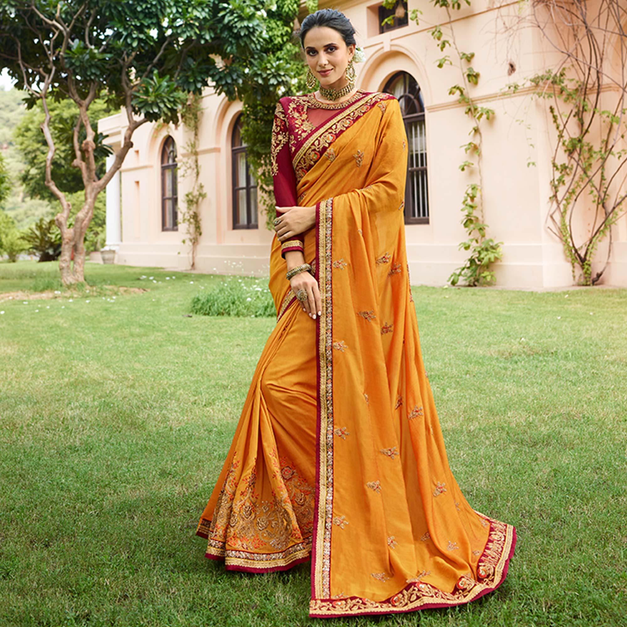 Unique Mustard Yellow Colored Partywear Embroidered Cotton Silk Saree - Peachmode