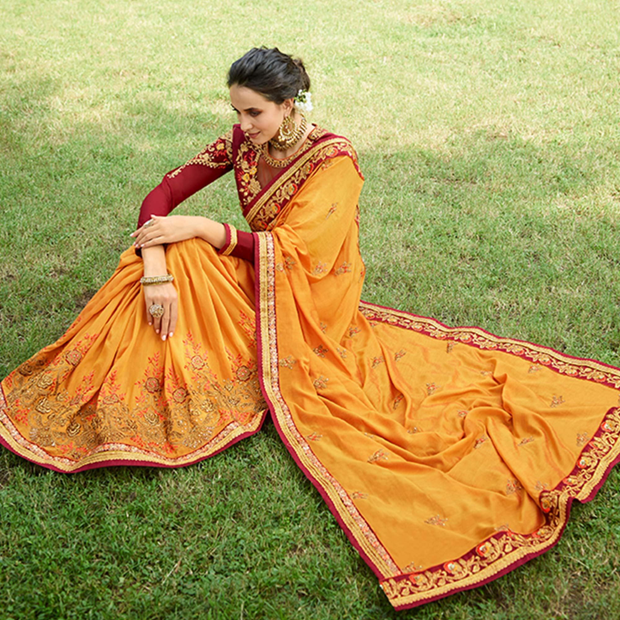 Unique Mustard Yellow Colored Partywear Embroidered Cotton Silk Saree - Peachmode
