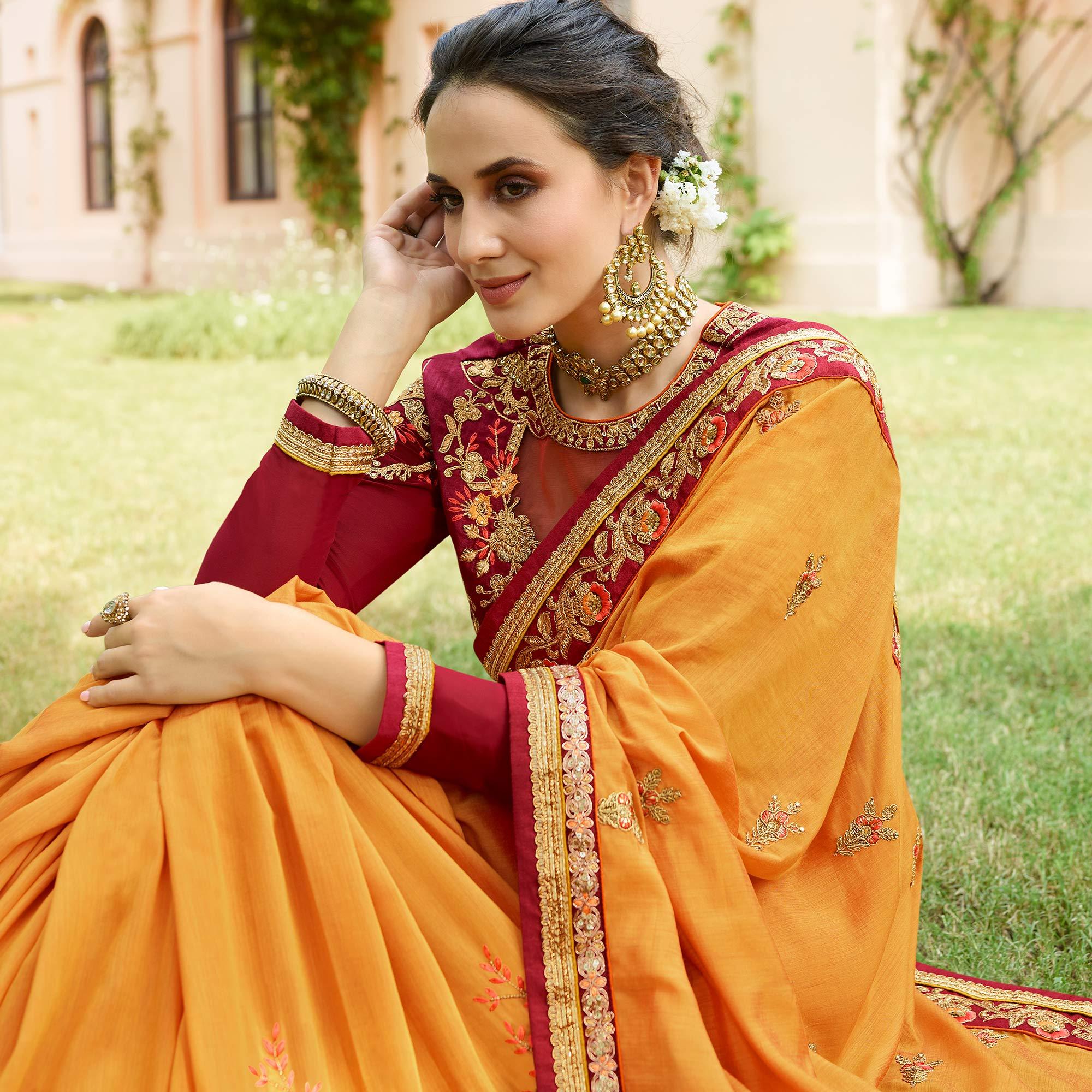 Unique Mustard Yellow Colored Partywear Embroidered Cotton Silk Saree - Peachmode