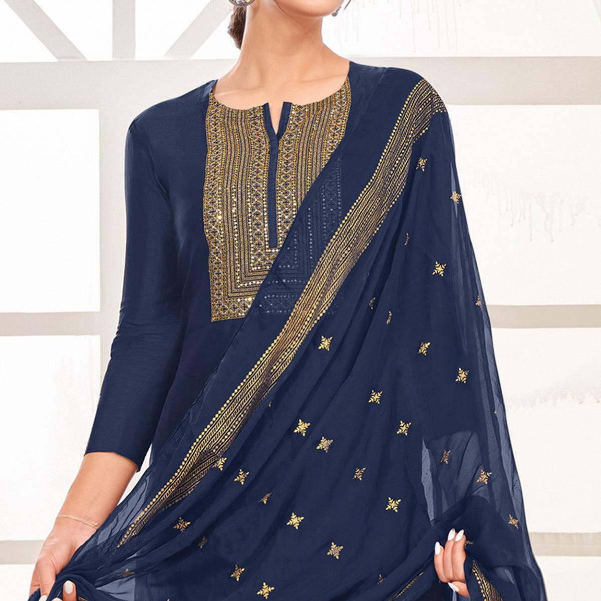 Unique Navy Blue Colored Casual Wear Embroidered Chanderi Dress Material - Peachmode