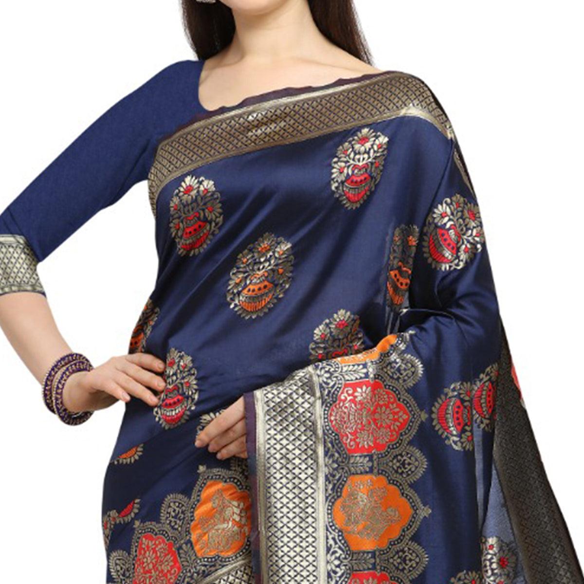 Unique Navy Blue Colored Festive Wear Woven Banarasi Silk Saree - Peachmode