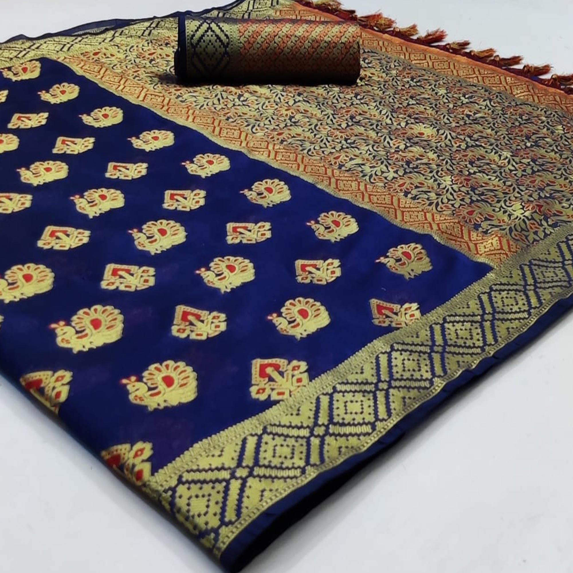 Unique Navy Blue Colored Festive Wear Woven Cotton Saree - Peachmode