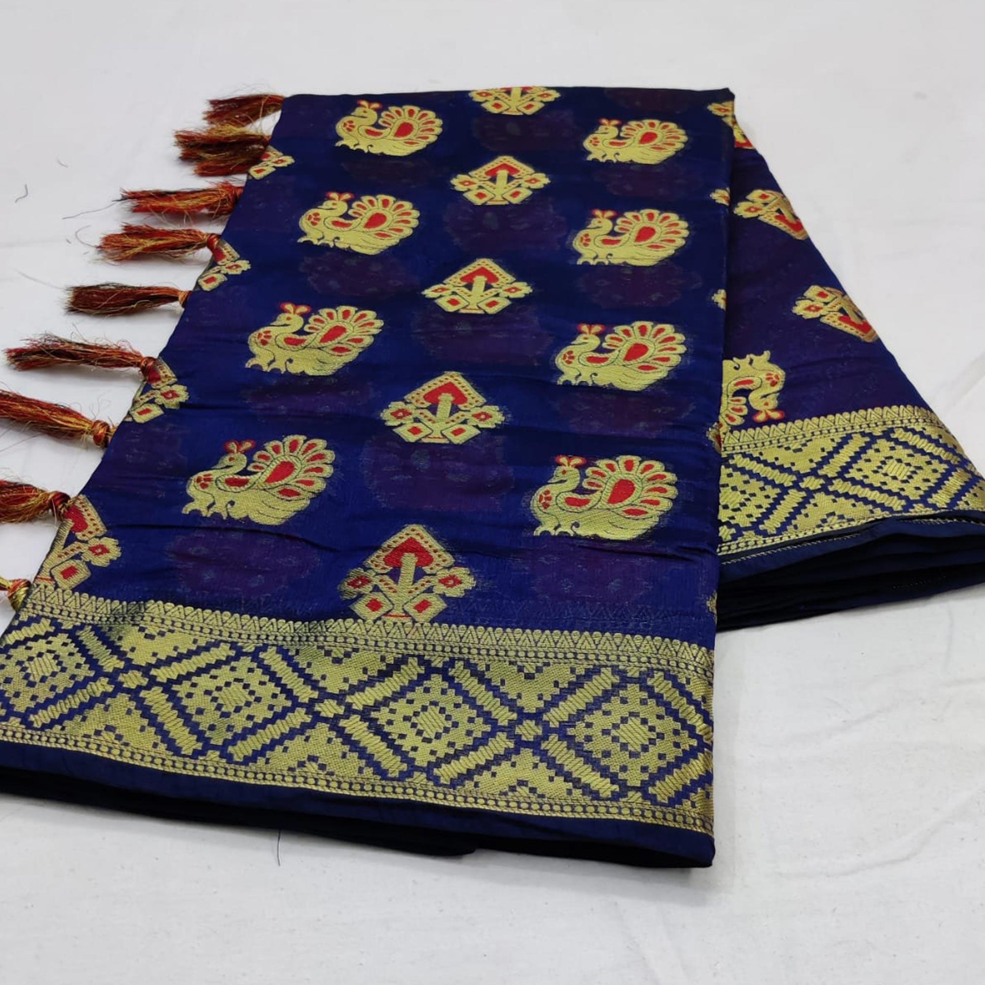 Unique Navy Blue Colored Festive Wear Woven Cotton Saree - Peachmode