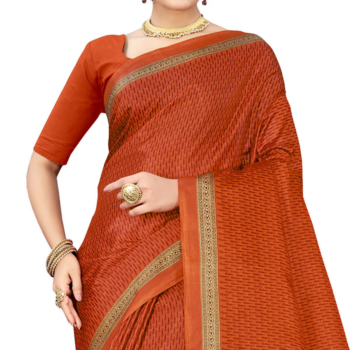 Unique Orange Colored Casual Wear Printed Cotton Silk Saree - Peachmode
