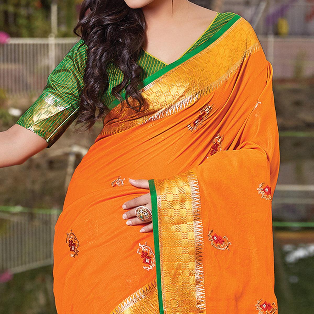 Unique Orange Colored Festive Wear Woven Cotton Silk Saree - Peachmode