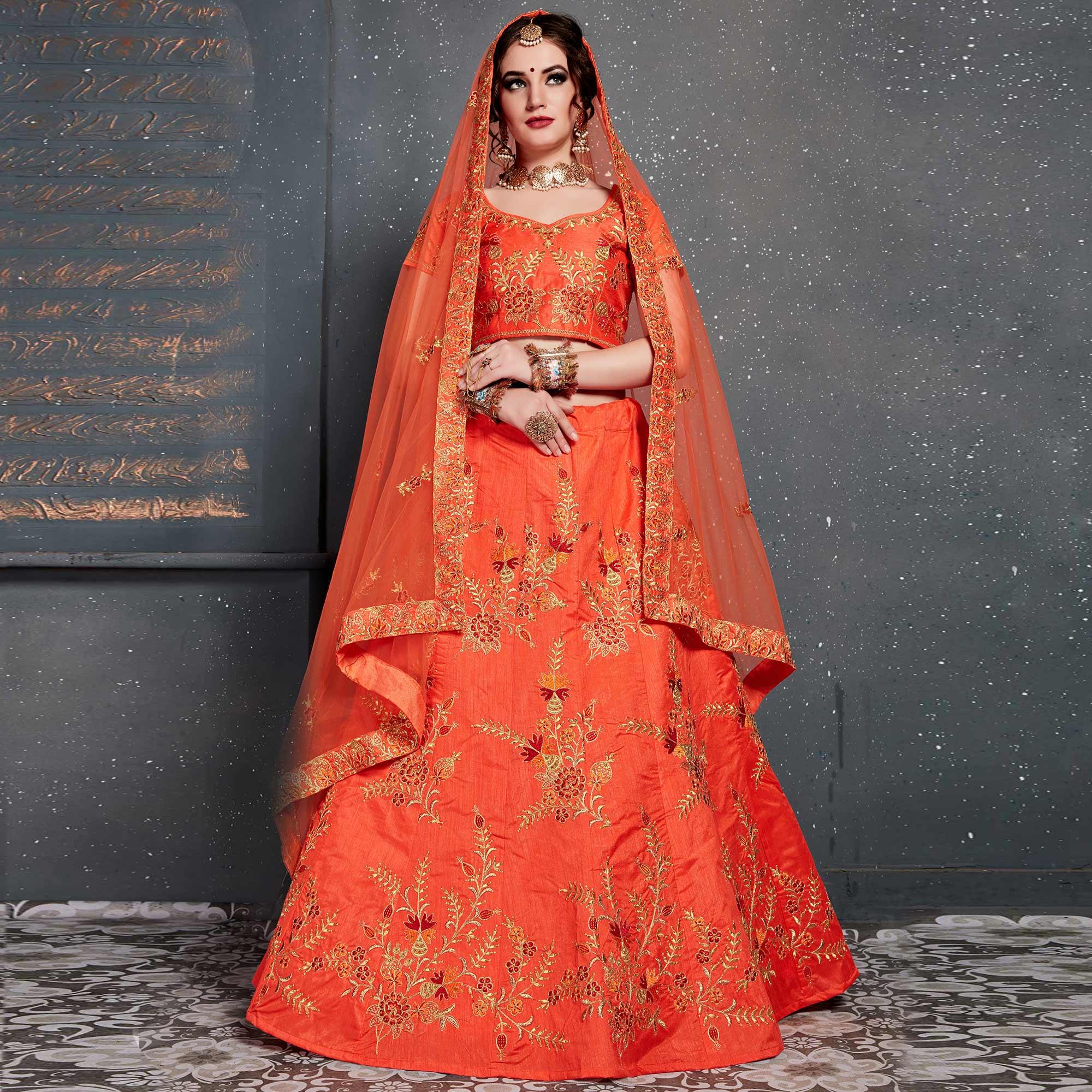 Unique Orange Colored Wedding Wear Embroidered Silk Lehenga Choli - Peachmode