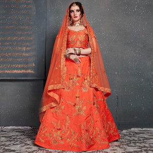 Unique Orange Colored Wedding Wear Embroidered Silk Lehenga Choli - Peachmode