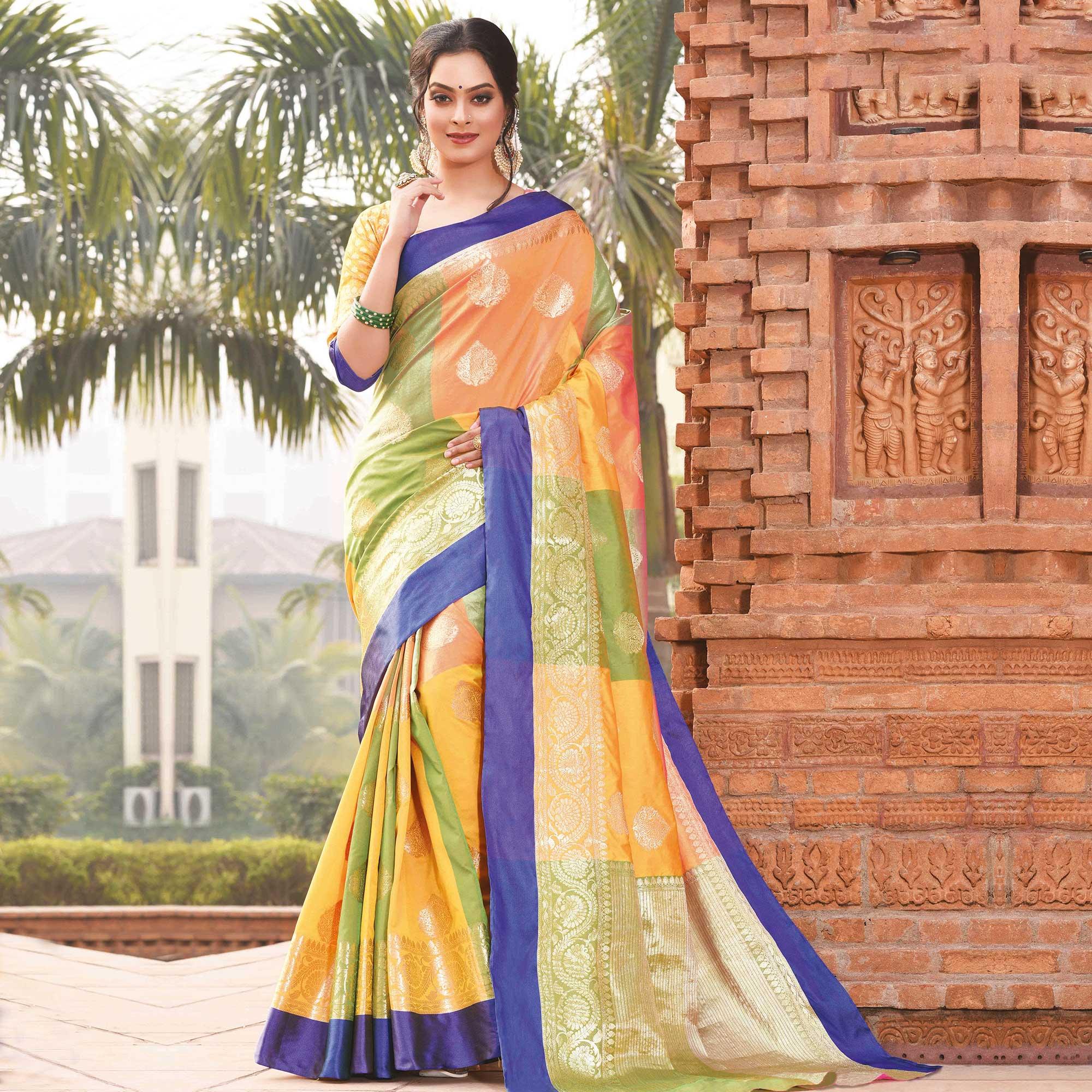 Unique Orange-Green Colored Festive Wear Woven Handloom Silk Saree - Peachmode