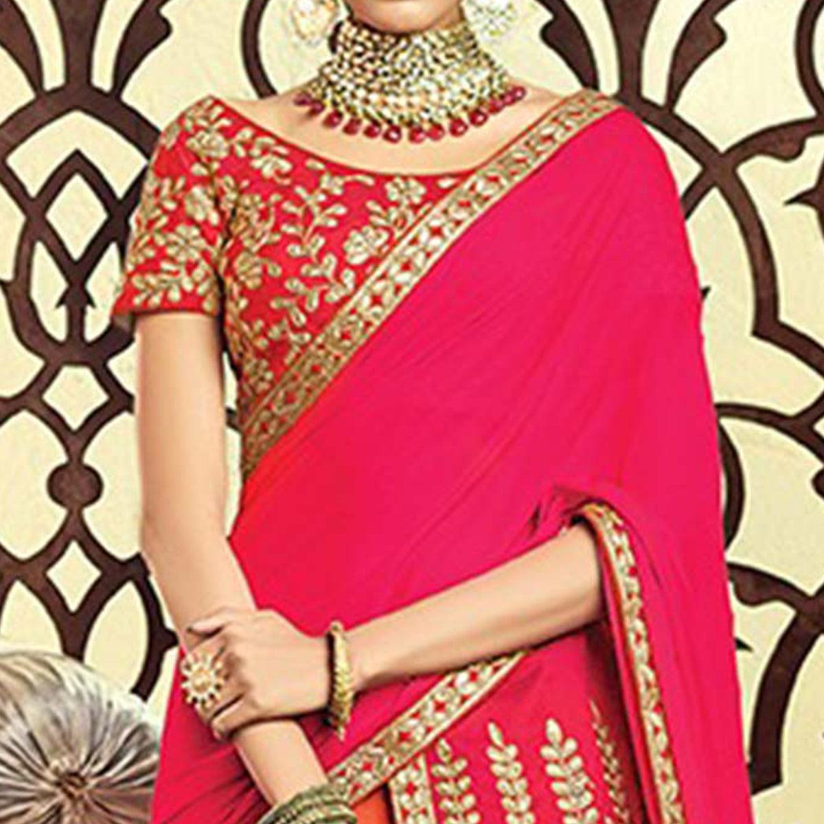 Unique Orange-Pink Colored Designer Embroidered Wedding Wear Tapeta-Raw Silk Lehenga Saree - Peachmode