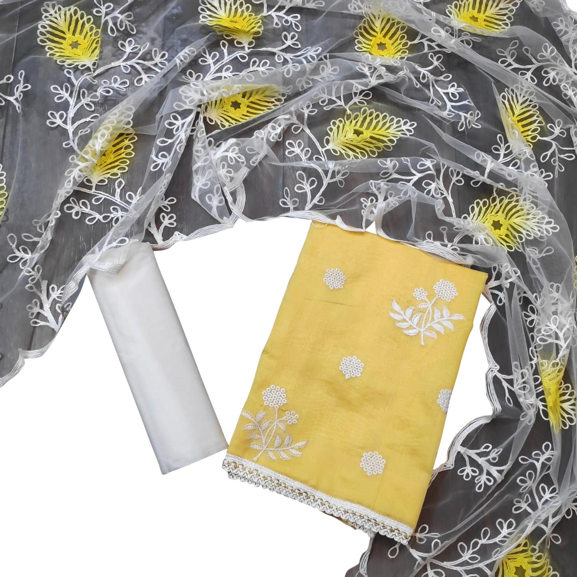 Unique Pastel Yellow Colored Casual Embroidered Chanderi Dress Material - Peachmode