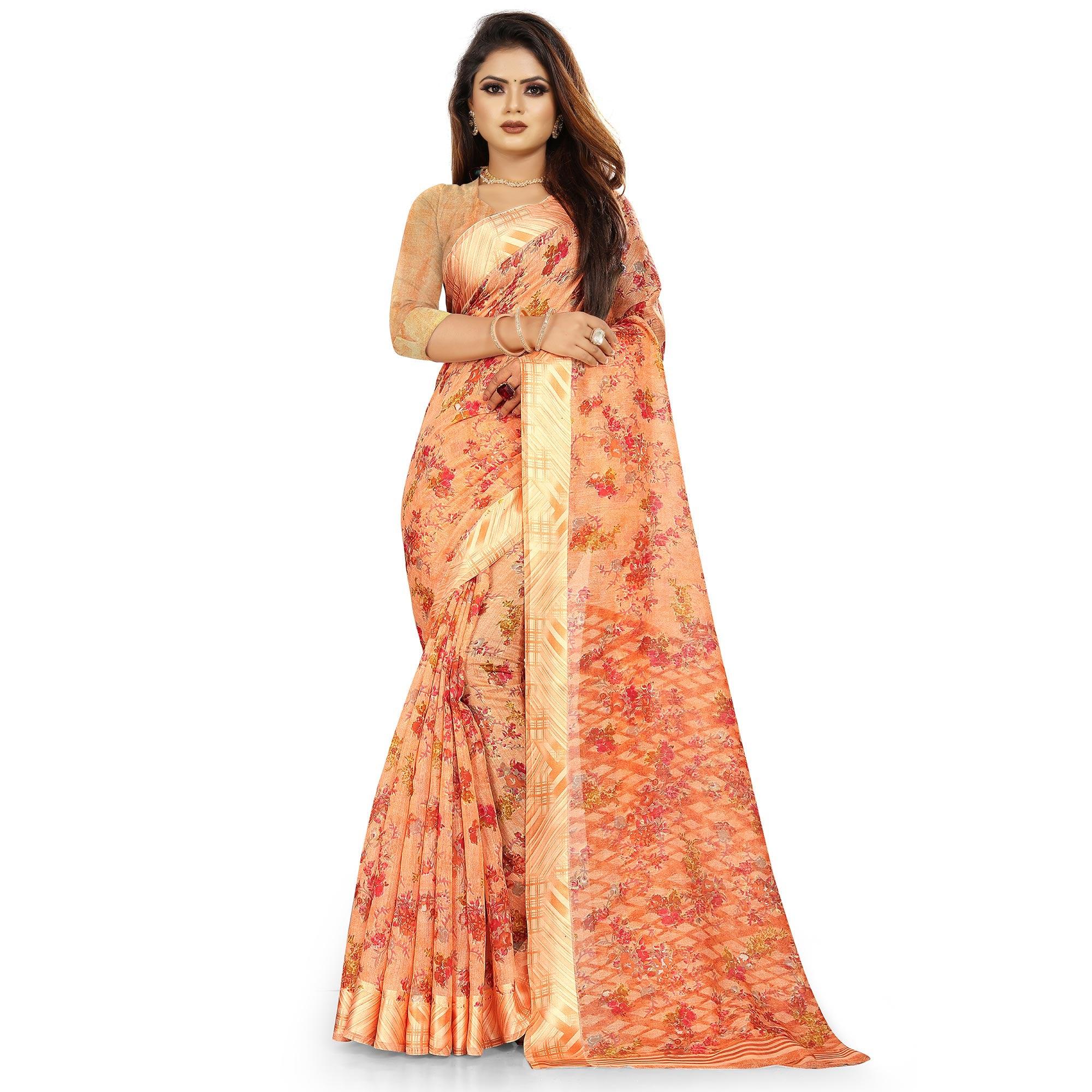 Unique Peach Colored Casual Wear Floral Printed Linen Saree - Peachmode