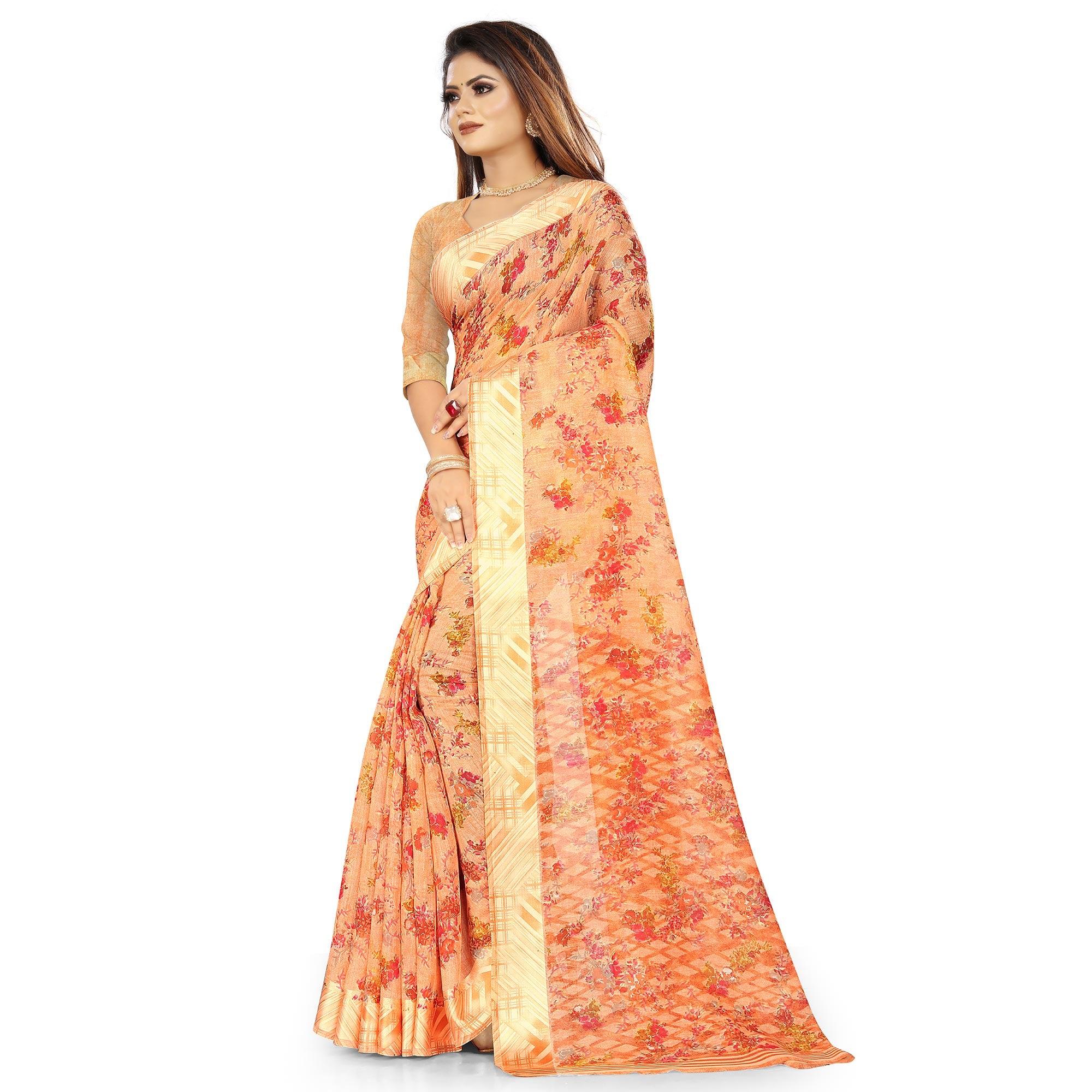 Unique Peach Colored Casual Wear Floral Printed Linen Saree - Peachmode