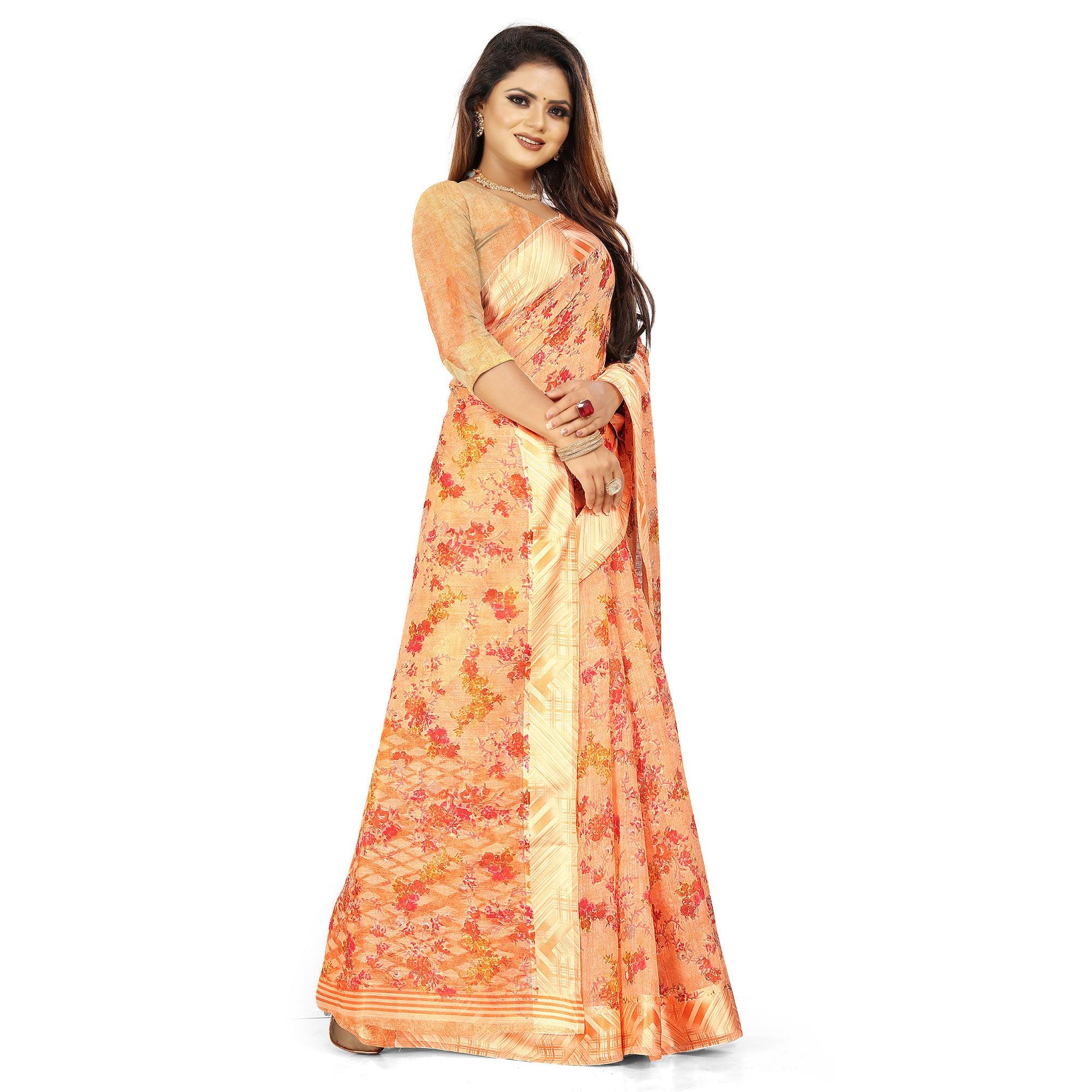 Unique Peach Colored Casual Wear Floral Printed Linen Saree - Peachmode