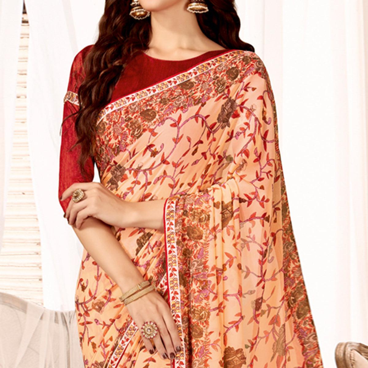 Unique Peach Colored Casual Wear Printed Georgette Saree - Peachmode