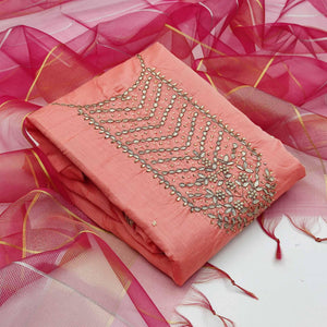 Unique Peach Colored Festive Wear Handwork Modal Chanderi Dress Material - Peachmode